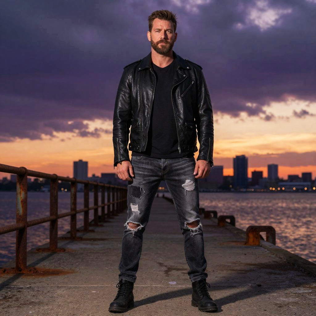 Confident Man Wearing Black Leather Jacket and Ripped Jeans on Pier at Sunset