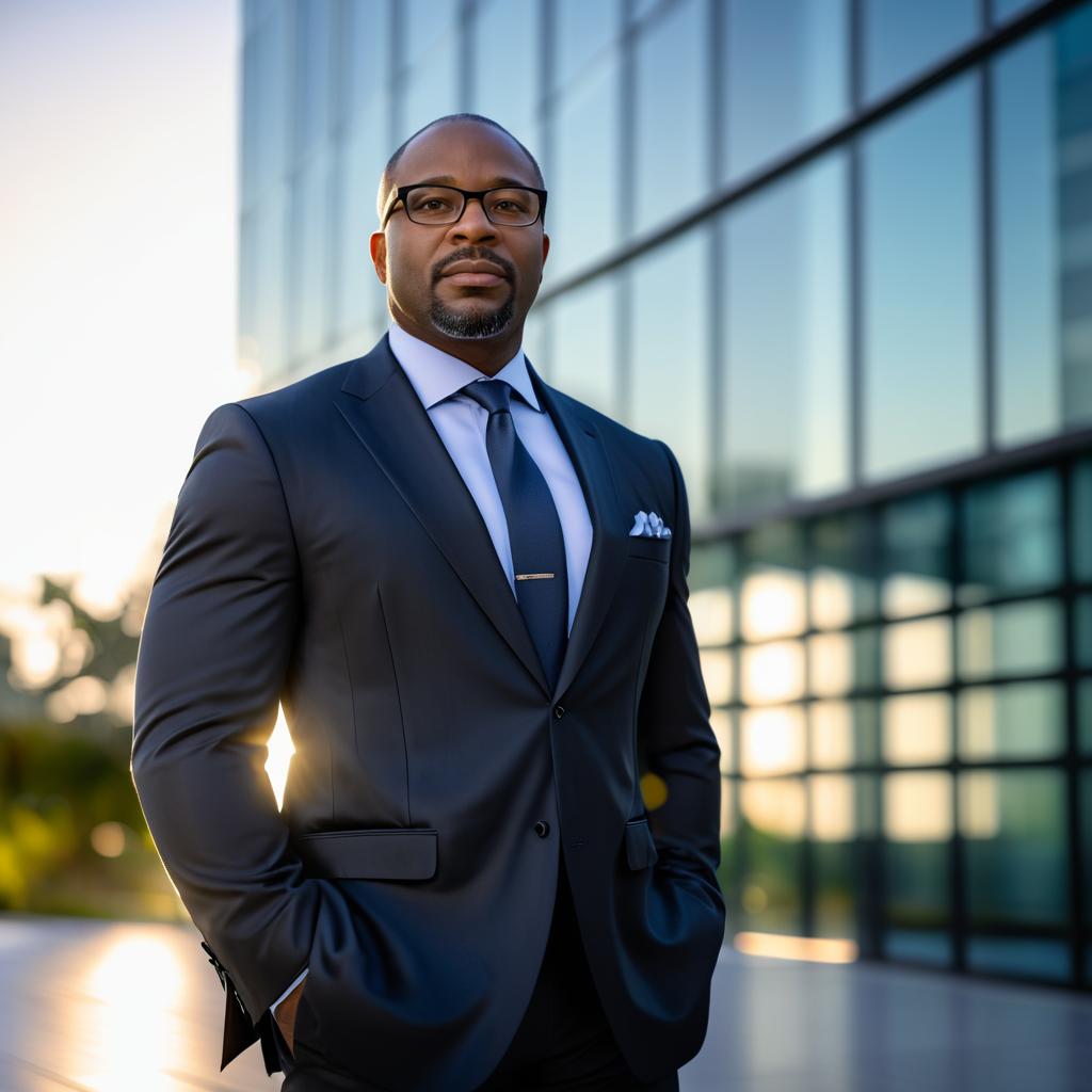 Confident Man in Tailored Suit Against Modern Architecture