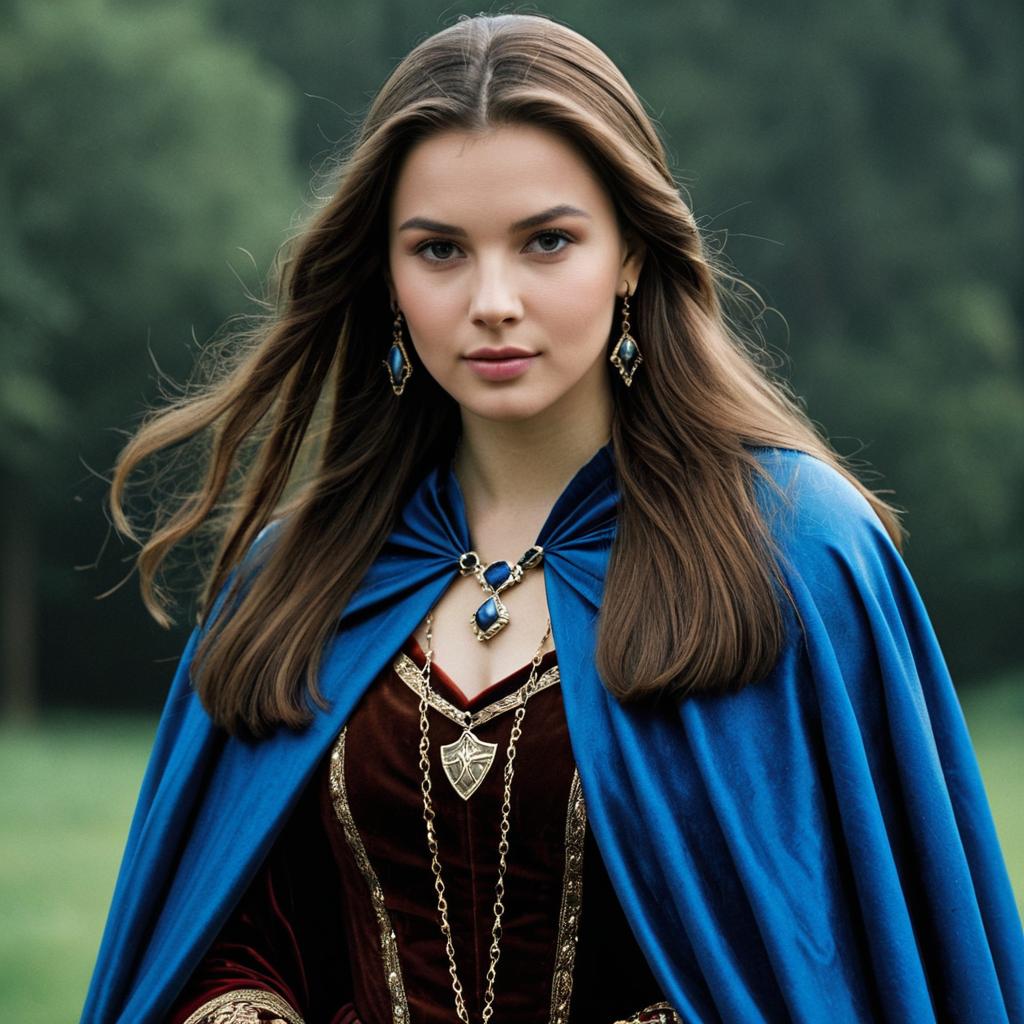 Medieval Fantasy Woman in Blue Cloak and Velvet Dress Portrait