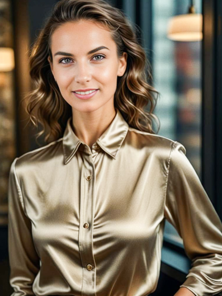 Confident Woman in Gold Satin Shirt