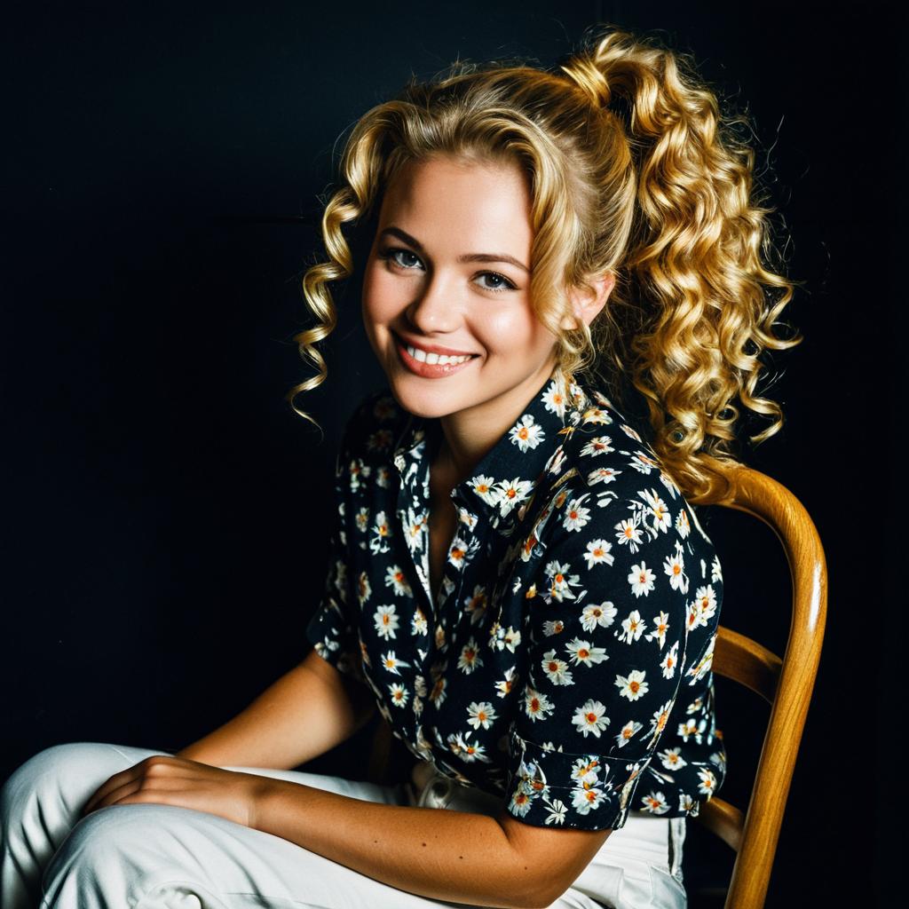 Smiling Blonde Woman in Floral Shirt with Curly Ponytail
