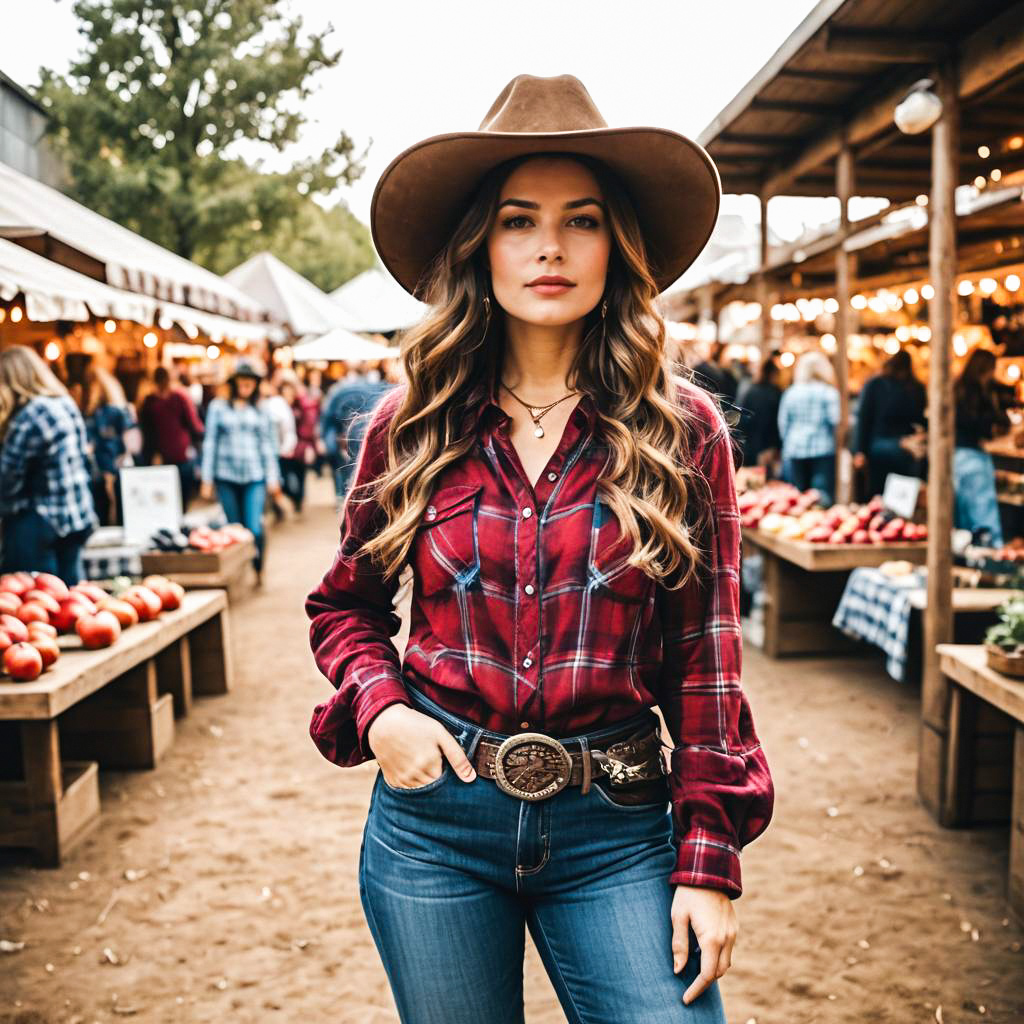 Confident Woman in Western Style at Outdoor Market