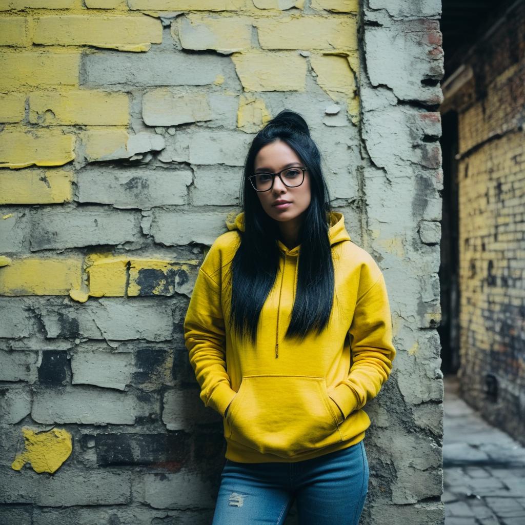 Young Woman in Yellow Hoodie Against Weathered Urban Brick Wall