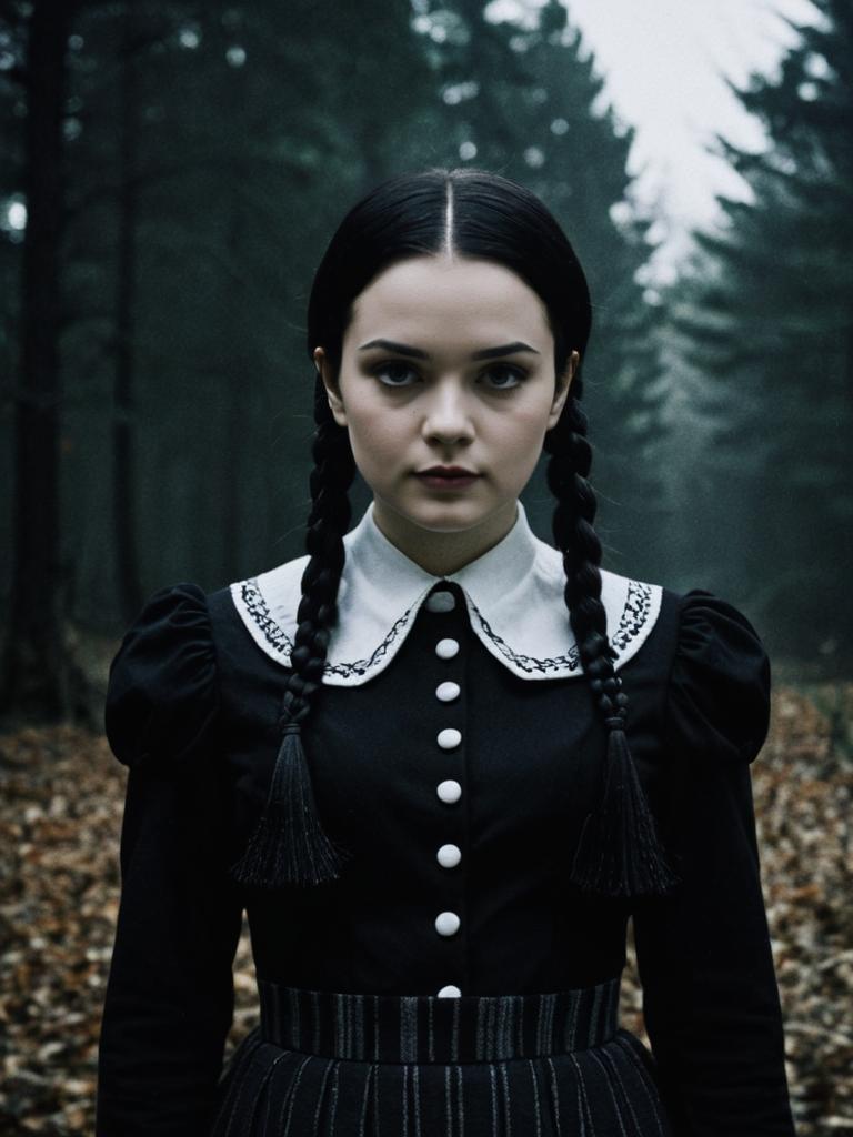 Woman in Wednesday Addams Costume Cinematic Gothic Style