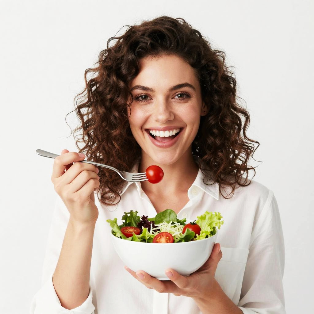 Happy Young Woman Eating Fresh Salad with Cherry Tomatoes