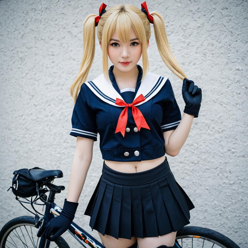 Abukuma Kai Ni KanColle Cosplay Woman in Navy Sailor Outfit with Bicycle