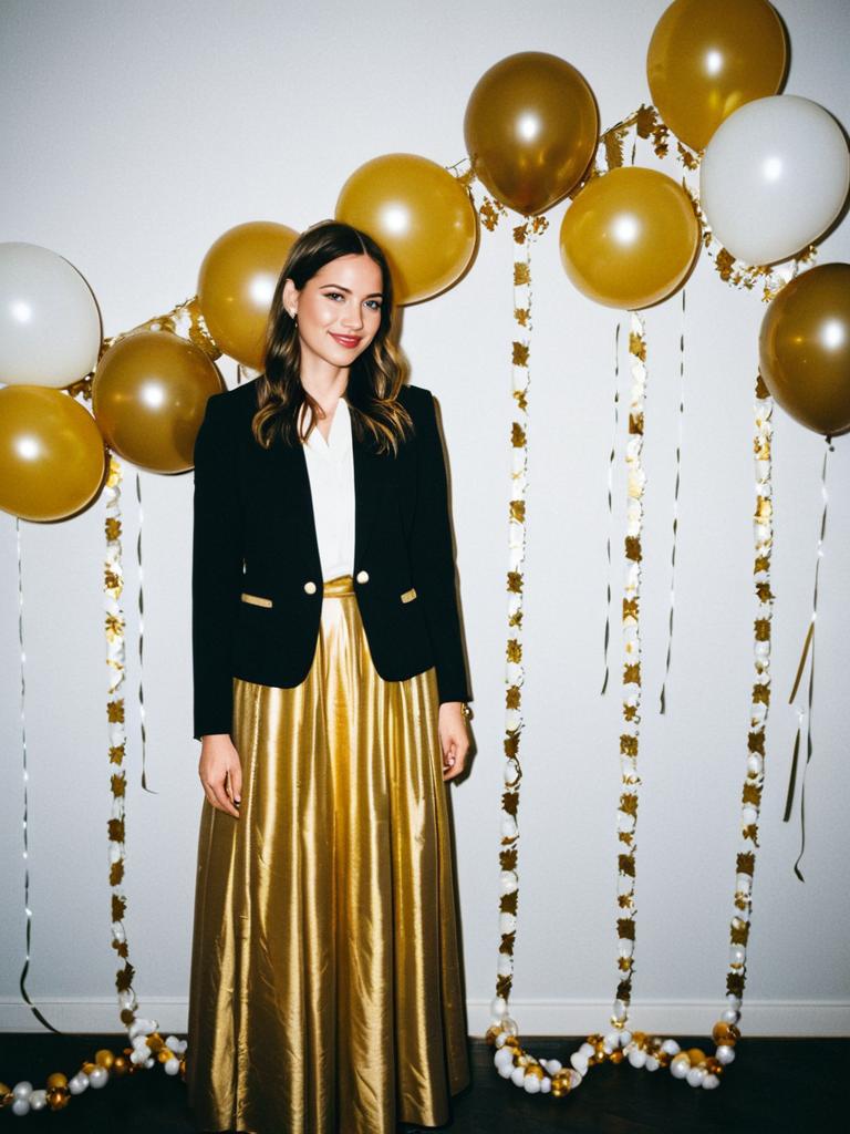 Elegant Woman in Black Blazer and Gold Skirt with Festive Balloon Decoration