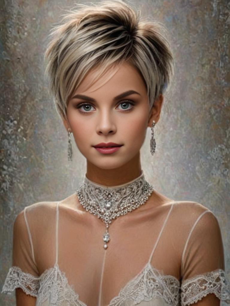 Stylish Woman with Pixie Haircut and Blue Eyes