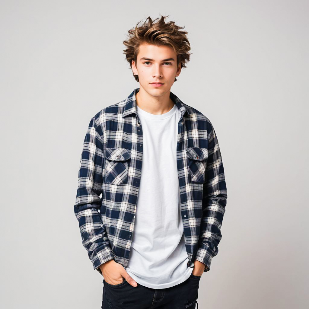 Young Man Wearing Plaid Shirt and White T-Shirt Casual Style