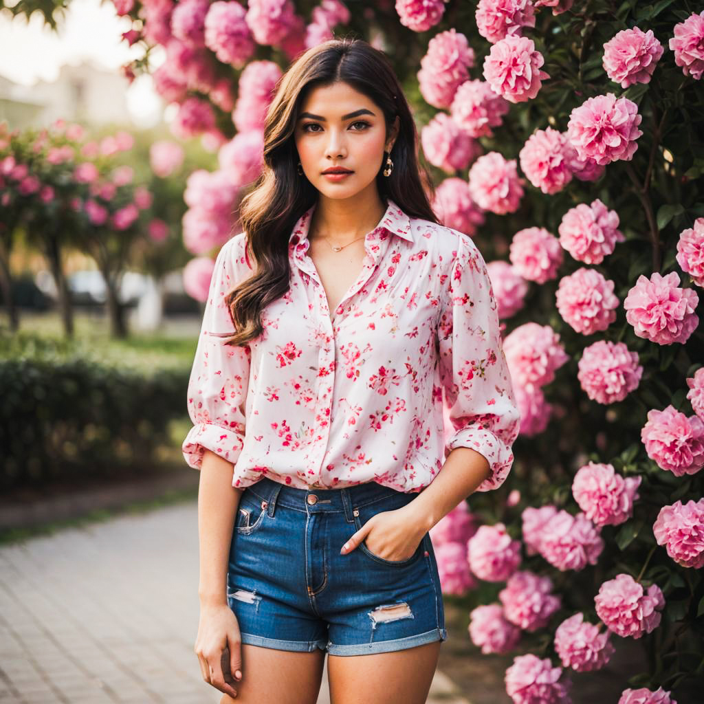 Woman in Floral Blouse in Garden