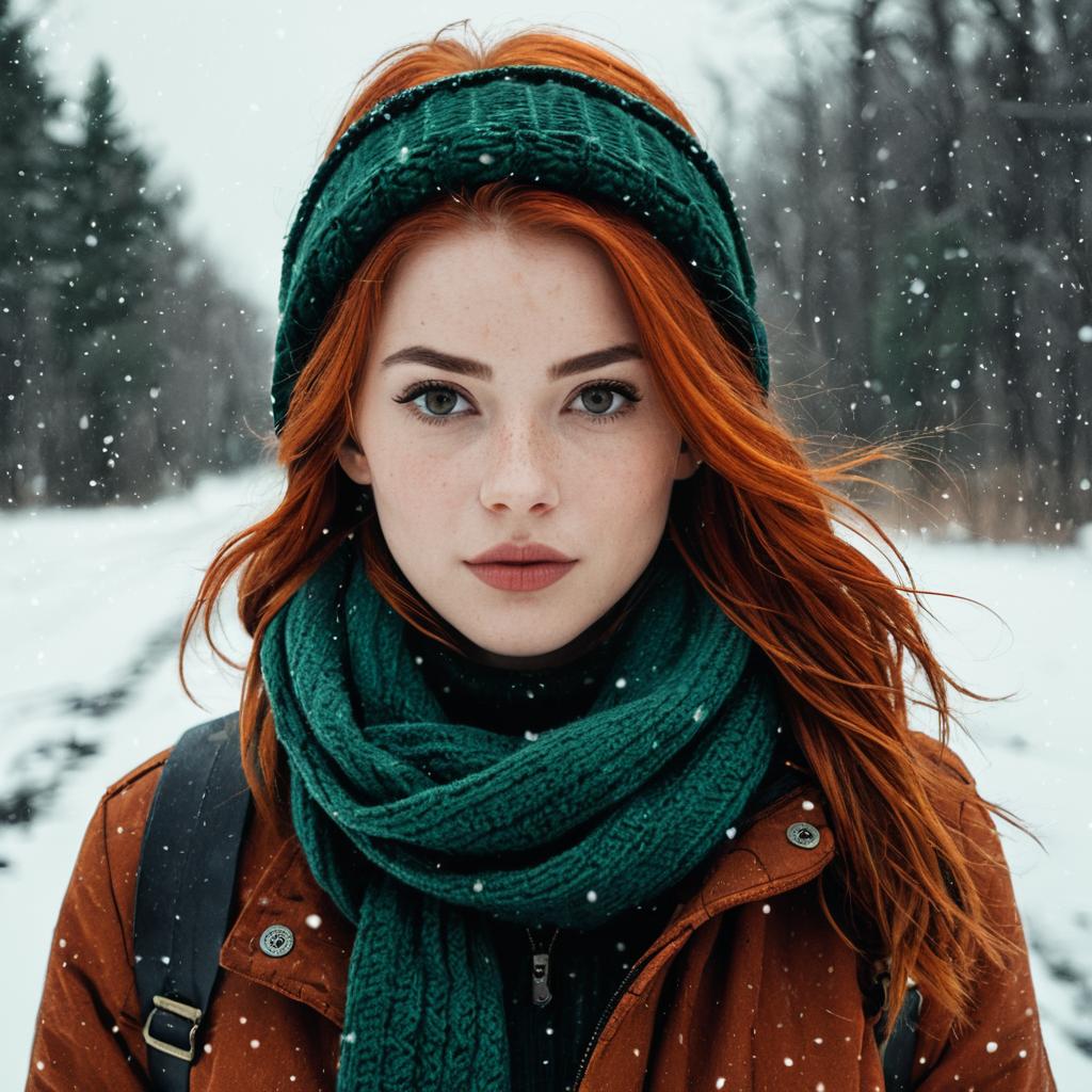 Winter Portrait of Woman with Red Hair in Green Knit Accessories