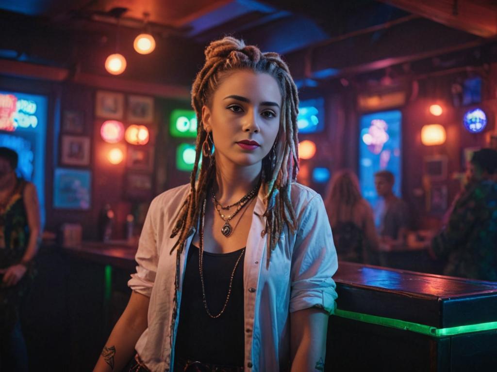 Confident Woman with Dreads in Nightclub