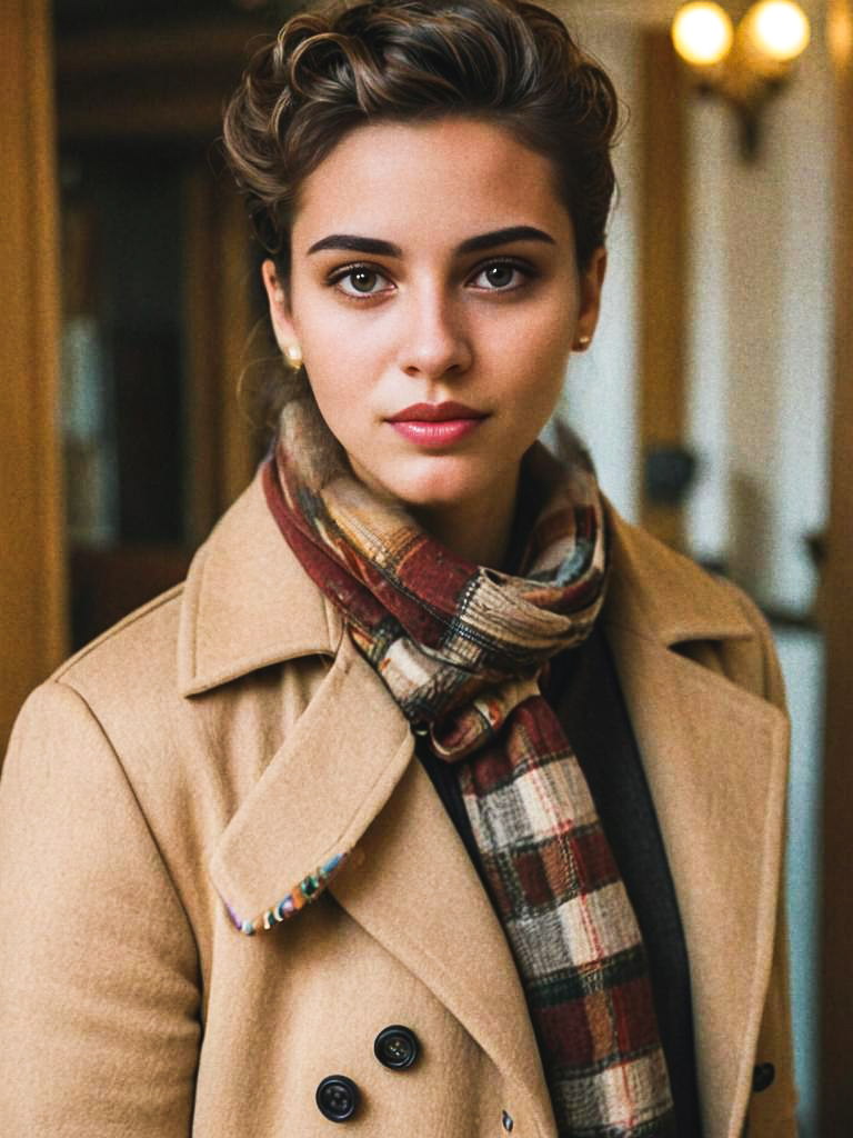 Stylish woman in beige coat and plaid scarf