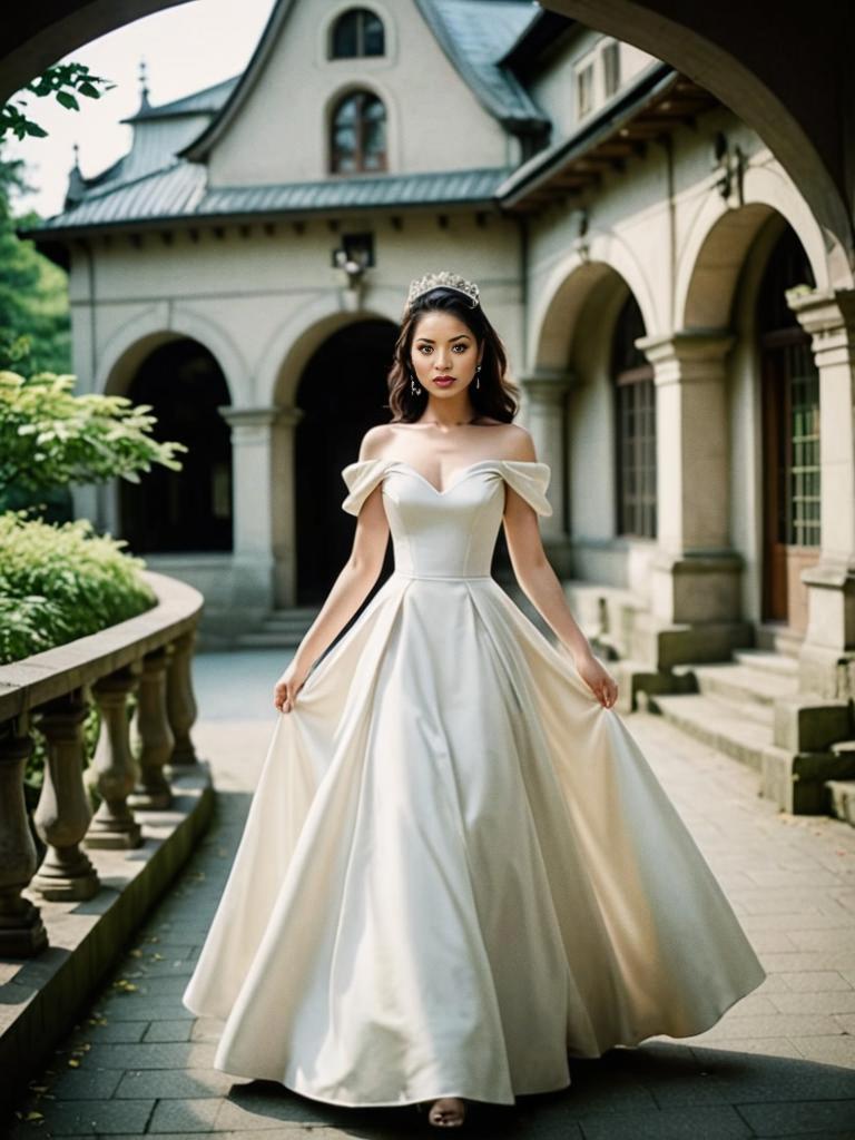 Elegant Woman in Off-Shoulder White Gown in Vintage Setting