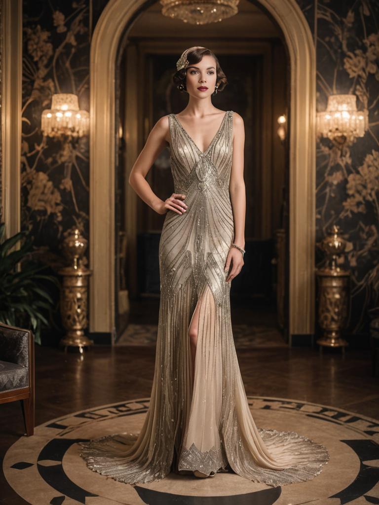 Gatsby Era Glamour: Elegant Woman in Beaded Gown