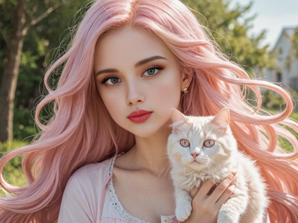 Young Woman with Long Pink Hair Holding a Fluffy White Cat