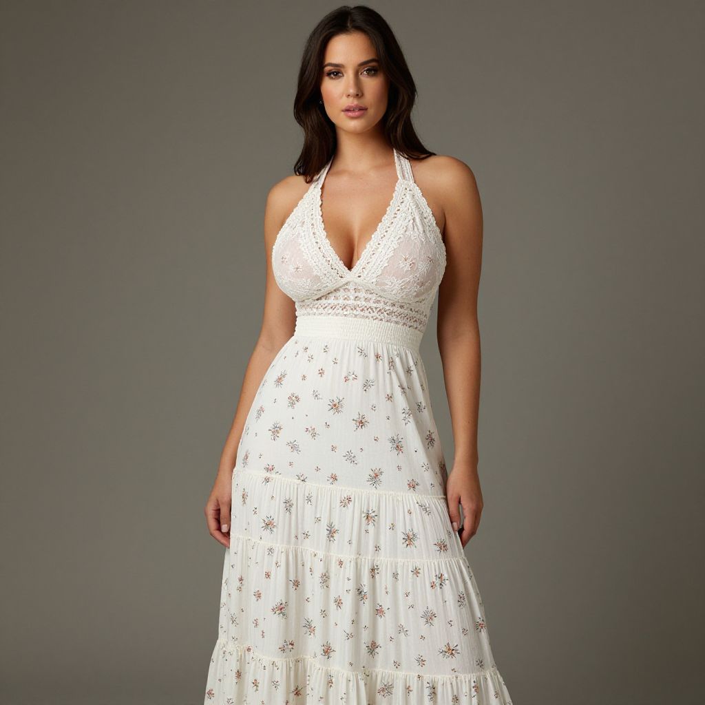 Woman Wearing White Floral Halter-Neck Maxi Dress