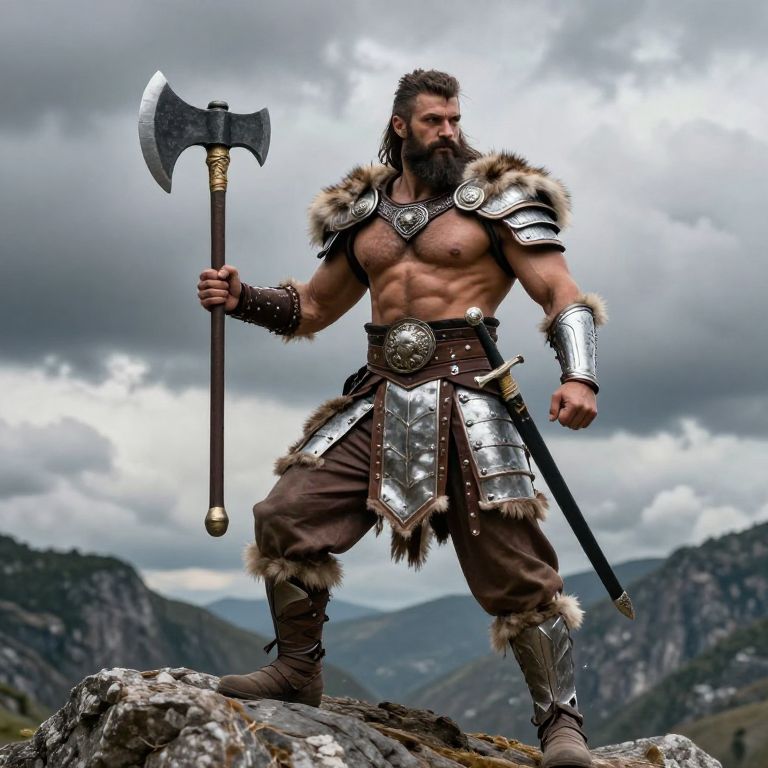 Barbarian Warrior Man in Viking Armor with Battle Axe on Mountain