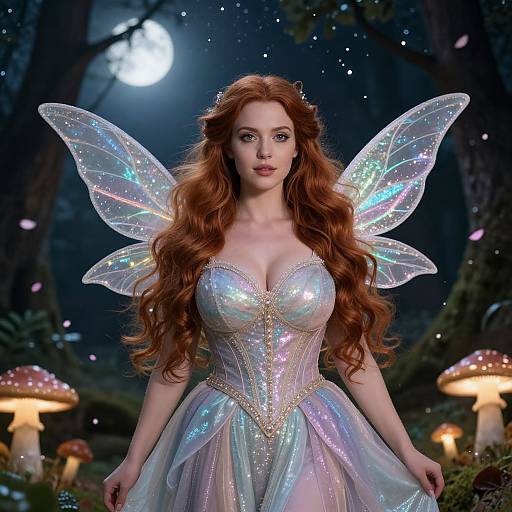 Red-Haired Woman Fairy Costume with Iridescent Wings in Magical Forest