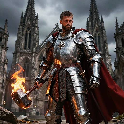 Medieval Knight in Armor with Flaming War Hammer in Front of Gothic Cathedral
