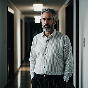Portrait of Mature Man in Striped Shirt Standing in Corridor
