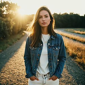 Young Woman in Denim Jacket on Sunlit Rural Pathway