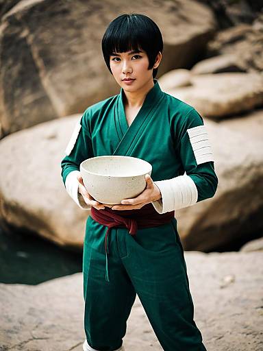 Realistic Portrait of Man Cosplaying Rock Lee in Green Martial Arts Outfit Holding Bowl