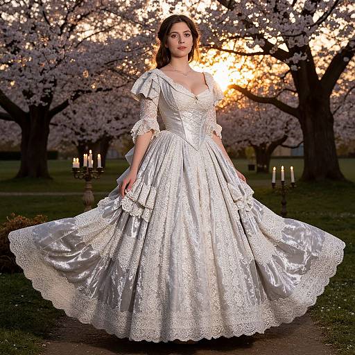 Elegant Woman in Vintage Lace Gown Amid Cherry Blossoms at Sunset