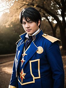 Man in Realistic Roy Mustang Cosplay Costume from Fullmetal Alchemist