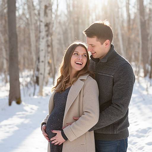 Happy Pregnant Couple Embracing in Winter Forest