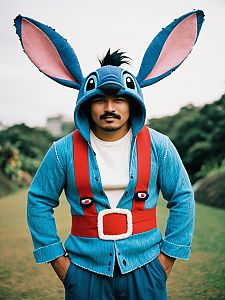 Playful Cosplay Man with Blue Ears and Red Suspenders