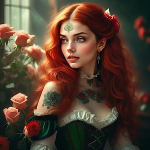 Striking Woman with Red Hair in Corset Dress Surrounded by Roses