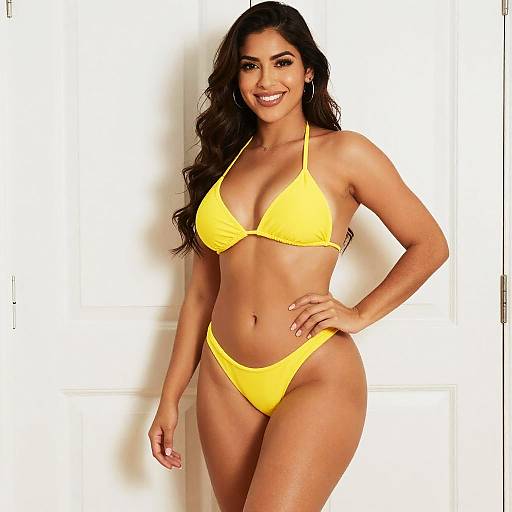 Smiling Woman in Yellow Bikini Posing Indoors
