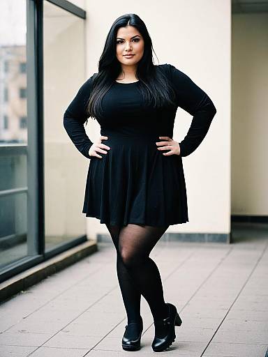 Confident Plus Size Woman in Black Dress with Long Hair