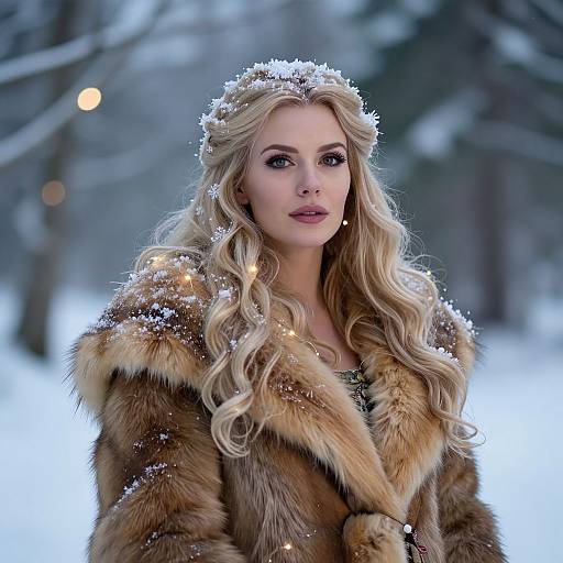 Blonde Woman in Fur Coat with Snow in Winter Landscape