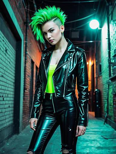 Edgy Woman with Neon Green Mohawk in Leather Outfit at Night Alley