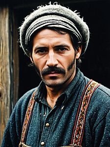 Traditional Peasant Clothing Portrait of Man with Woolen Cap and Suspenders