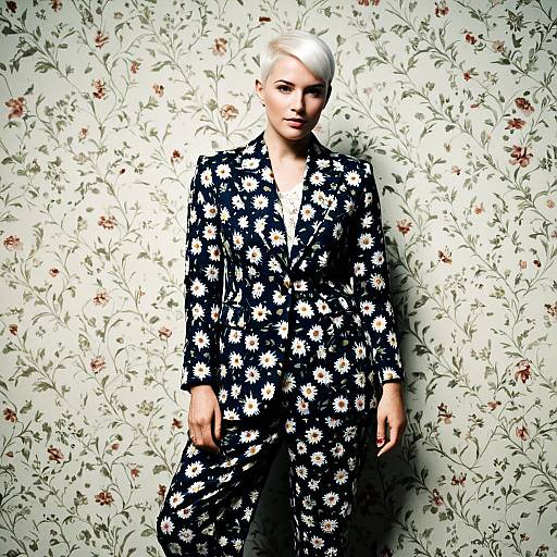 Woman Wearing Daisy Print Suit Posing Against Floral Wallpaper