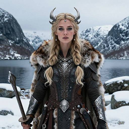 Viking Woman Warrior in Detailed Armor with Sword in Snowy Mountain Landscape