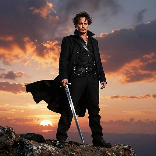 Man in Black Outfit Holding Sword at Sunset with Dramatic Sky