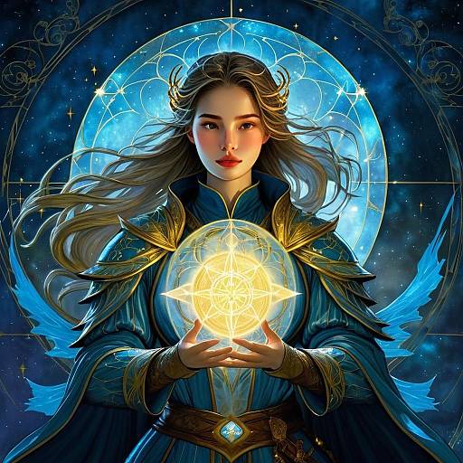 Fantasy Woman Holding Glowing Orb in Blue and Gold Armor