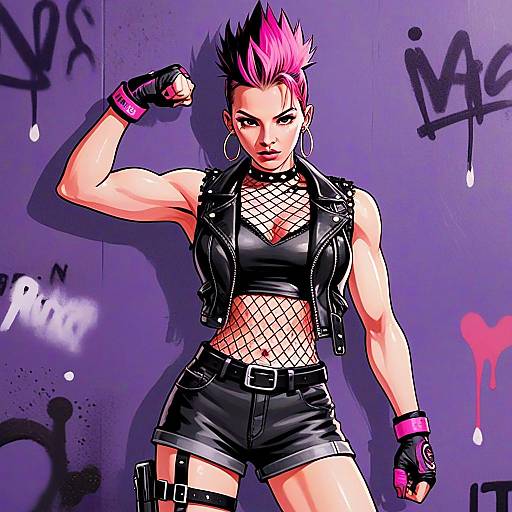 Punk Rock Woman with Pink Mohawk in Urban Graffiti Setting