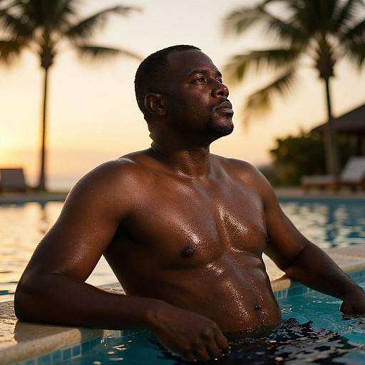 Man Relaxing in Pool at Sunset with Palm Trees