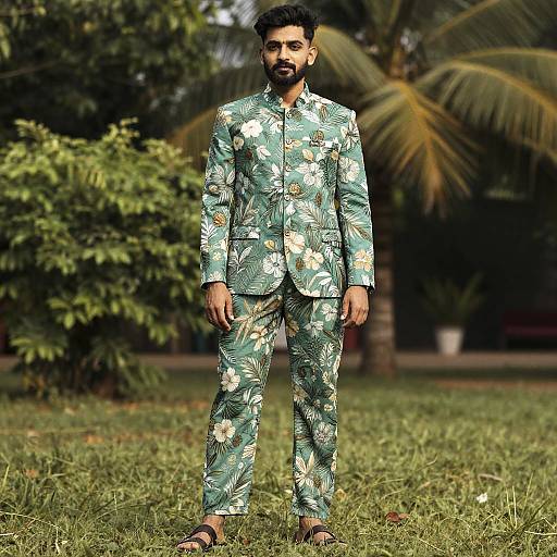 Man in Green Floral Print Piece Jumpsuit Standing in Garden