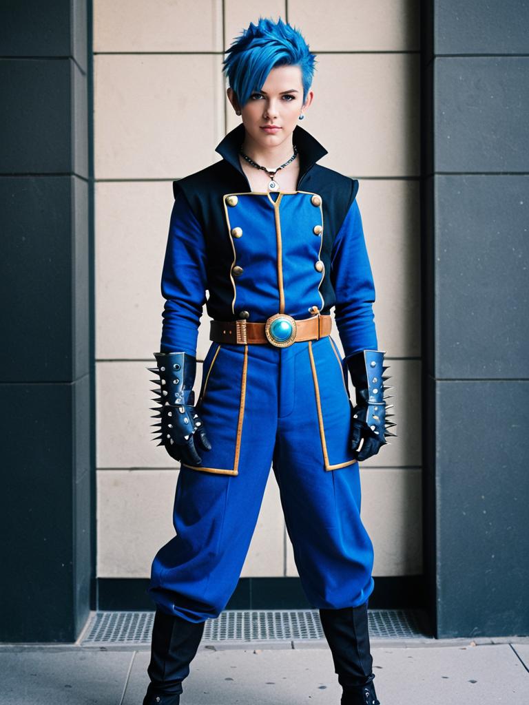 Dragon Quest XI Cosplay Woman in Blue Costume with Spiked Gloves