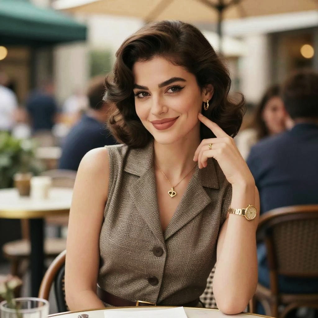 Elegant Gen Z Woman with Vintage Style at Outdoor Cafe