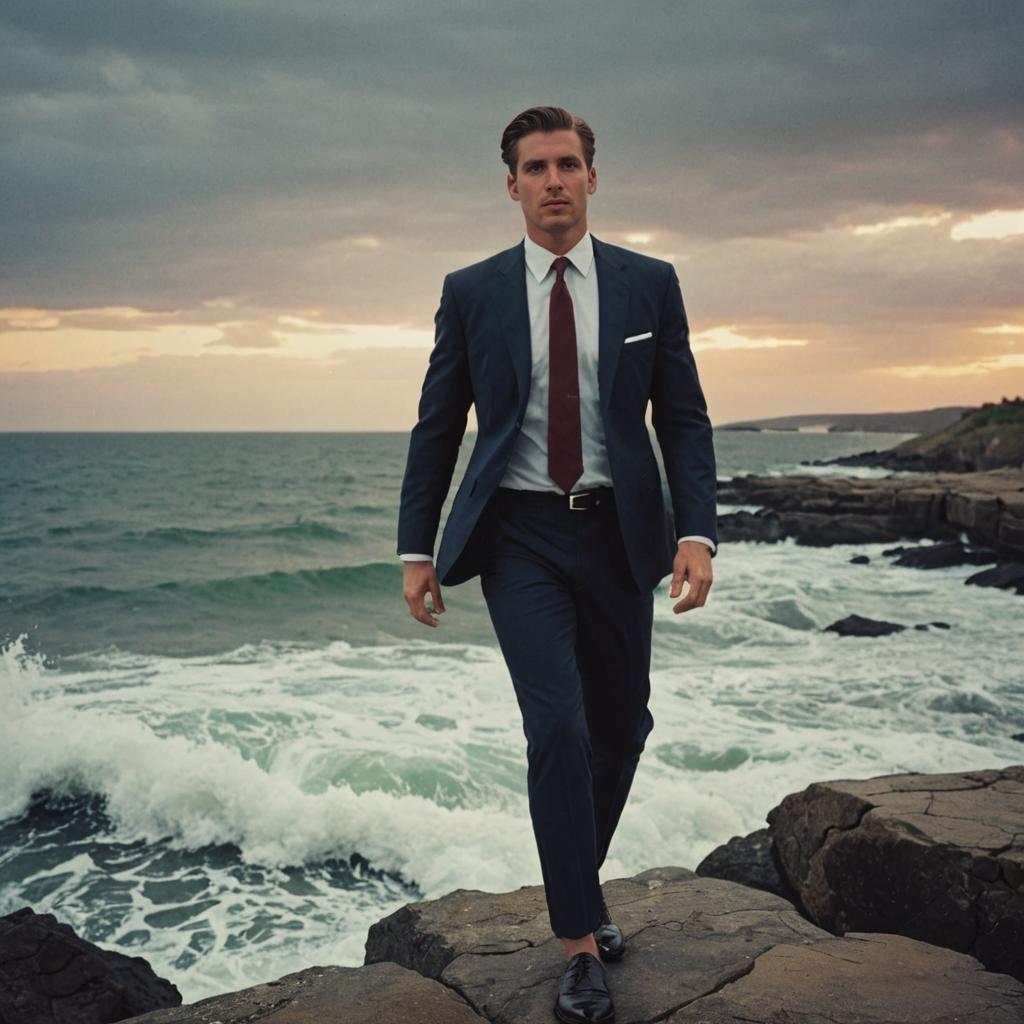 Confident Man in Suit at Coastal Landscape