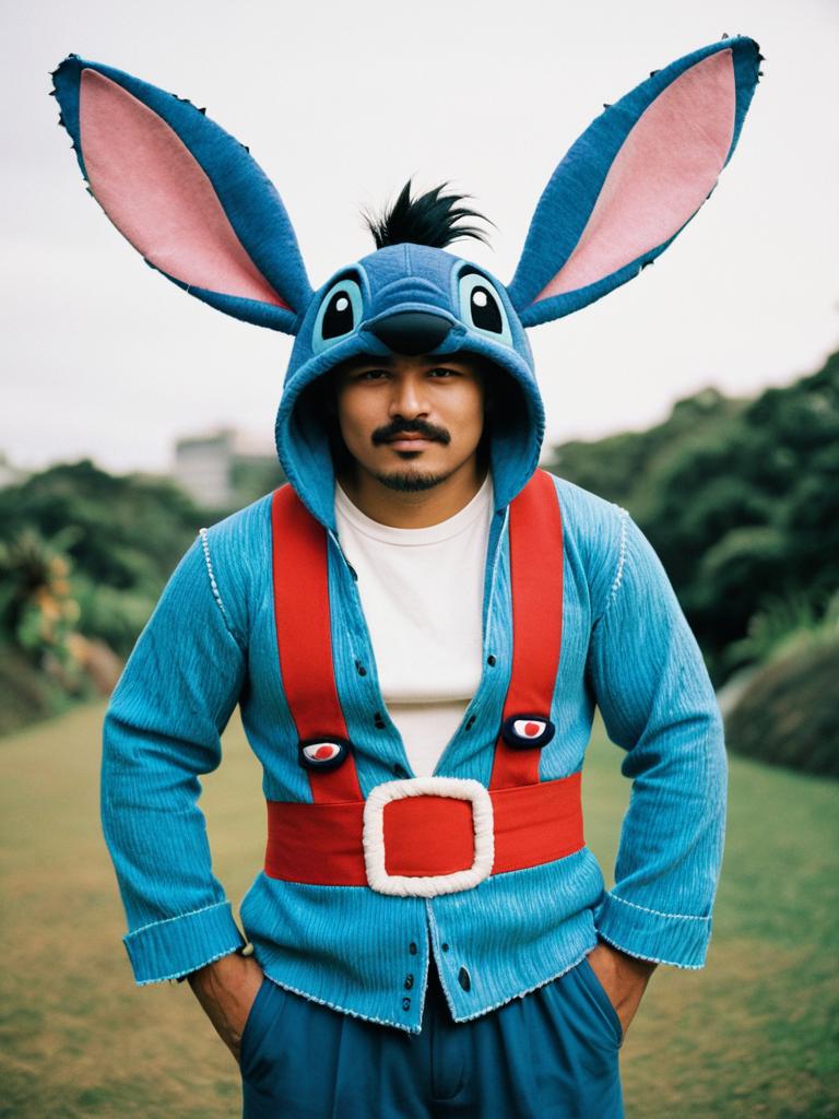 Playful Cosplay Man with Blue Ears and Red Suspenders