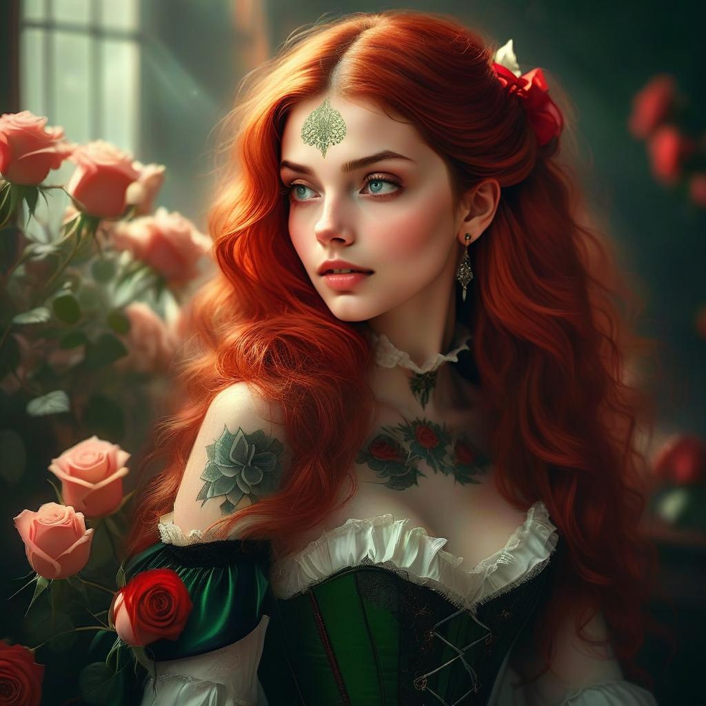 Striking Woman with Red Hair in Corset Dress Surrounded by Roses