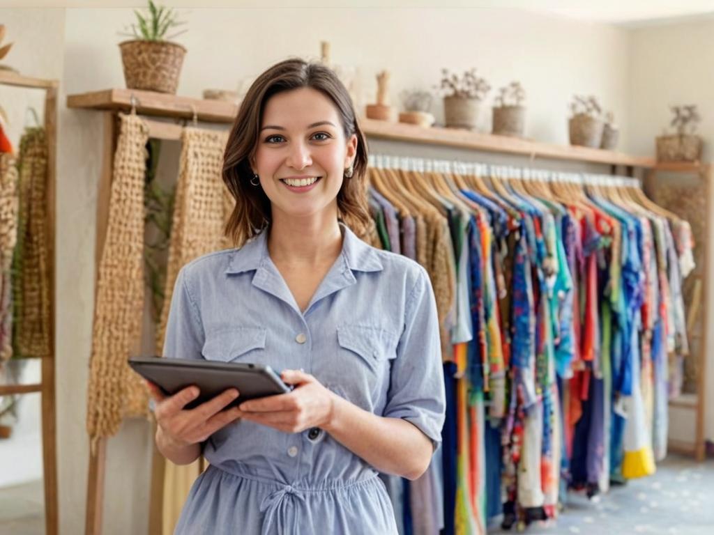 Smiling Woman with Tablet in Boutique